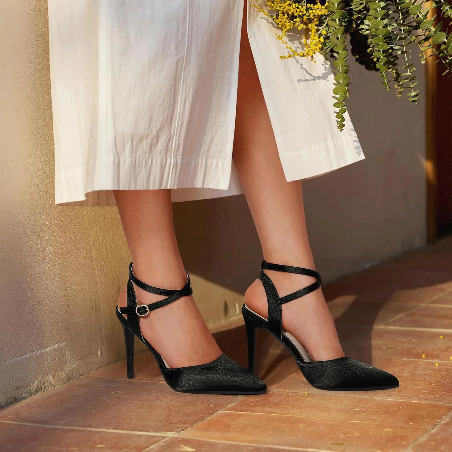 IDIFU IN4 High Heels Women's Pumps Strappy Stiletto Slingback Closed Pointed Toe Ankle Strap Satin Dress Shoes for Women Dressy Comfortable Wedding Bridal Office Formal Pumps Shoes