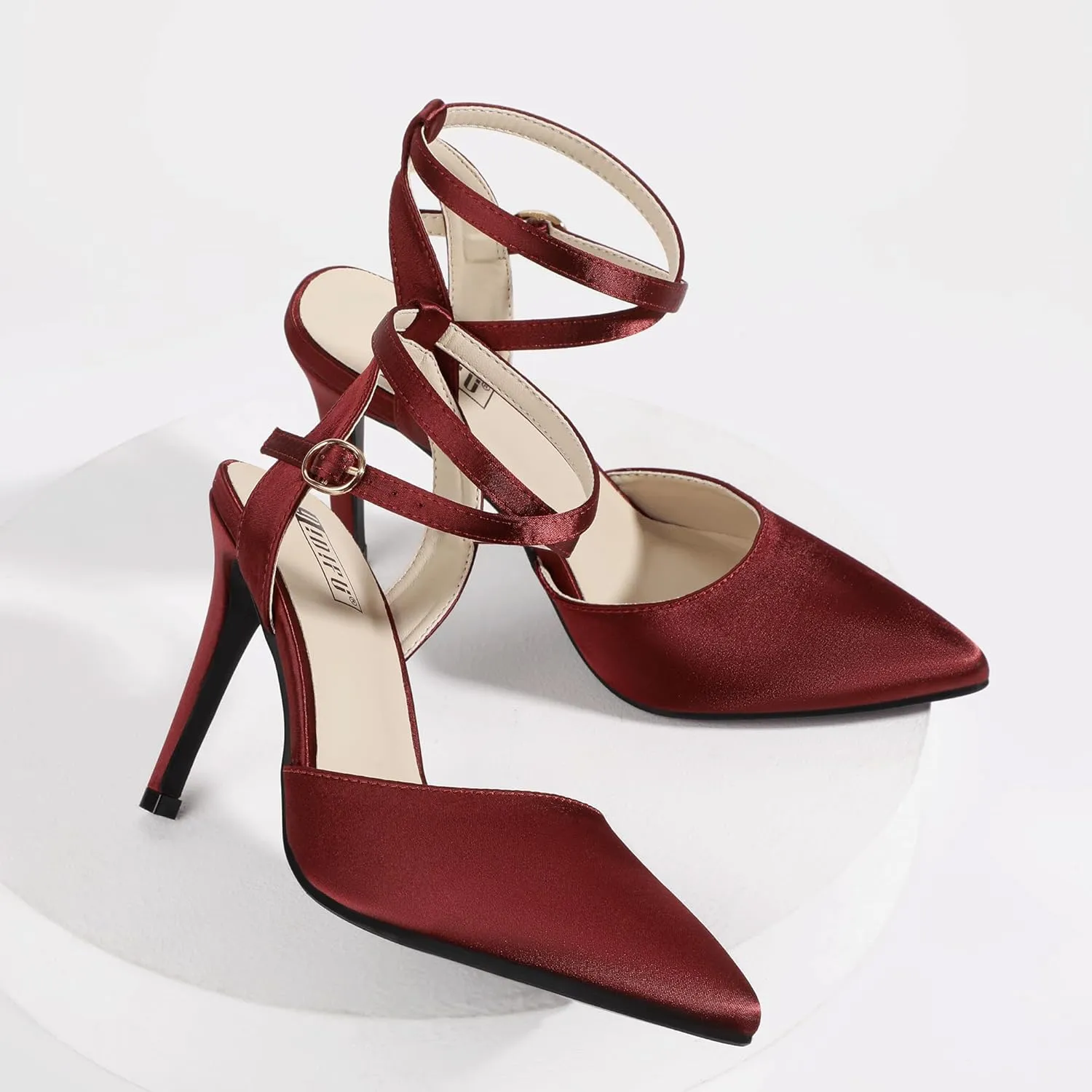 IDIFU IN4 High Heels Women's Pumps Strappy Stiletto Slingback Closed Pointed Toe Ankle Strap Satin Dress Shoes for Women Dressy Comfortable Wedding Bridal Office Formal Pumps Shoes