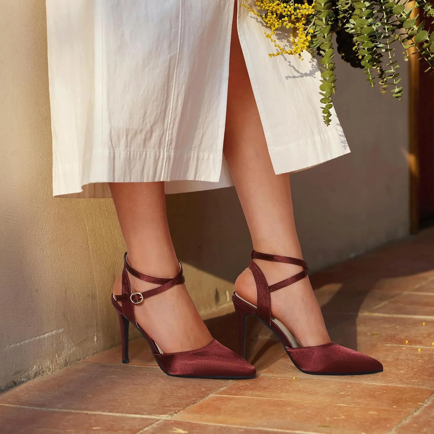 IDIFU IN4 High Heels Women's Pumps Strappy Stiletto Slingback Closed Pointed Toe Ankle Strap Satin Dress Shoes for Women Dressy Comfortable Wedding Bridal Office Formal Pumps Shoes
