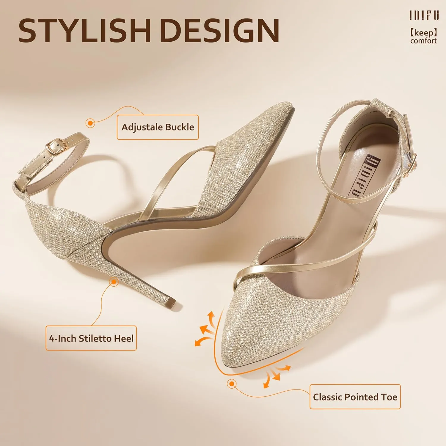 IDIFU IN4 Women's Pumps Closed Toe Heels Stiletto High Heels Dress Shoes for Women Wedding Prom Dressy Party Bridal Shoes Trendy Strappy Pointed Toe Ankle Strap Heels Pumps