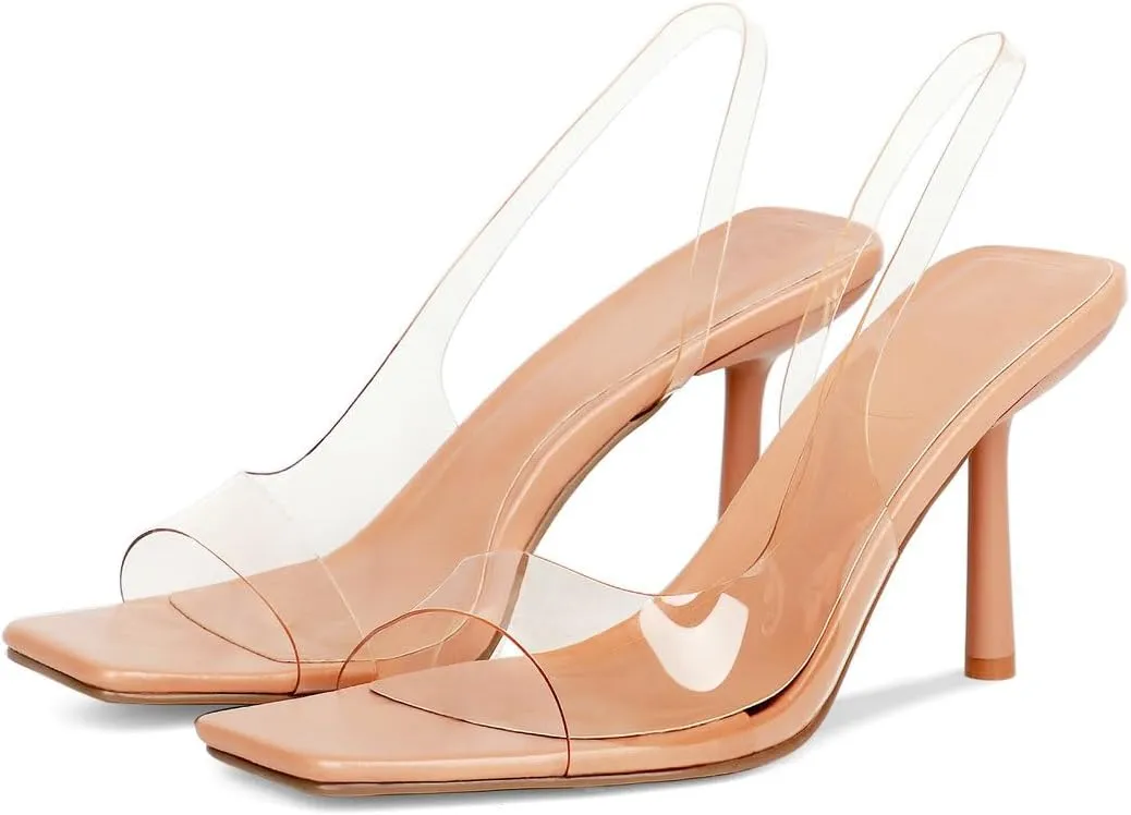 KOKOMOMO Open Toe Slingback Heels Square Toe Stiletto Heels Slingback Sandal Heels