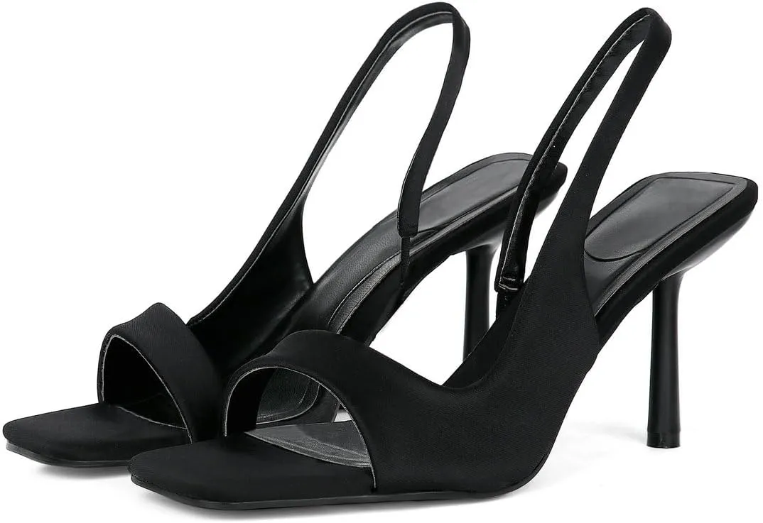 KOKOMOMO Open Toe Slingback Heels Square Toe Stiletto Heels Slingback Sandal Heels