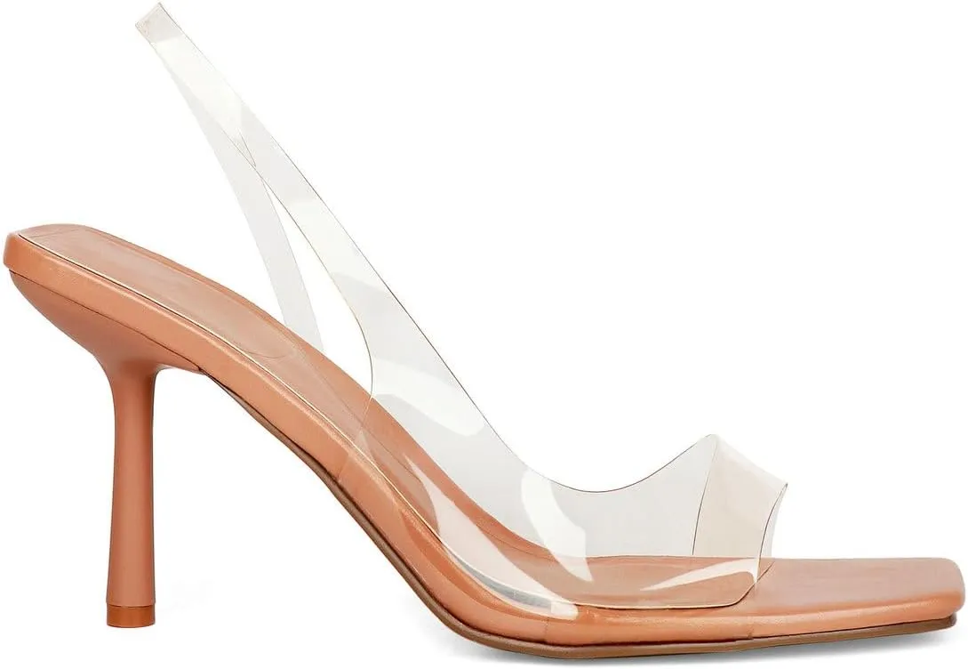KOKOMOMO Open Toe Slingback Heels Square Toe Stiletto Heels Slingback Sandal Heels
