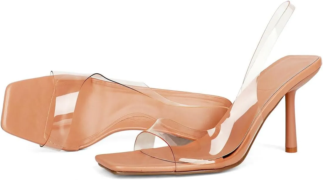 KOKOMOMO Open Toe Slingback Heels Square Toe Stiletto Heels Slingback Sandal Heels