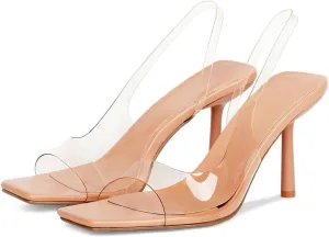 KOKOMOMO Open Toe Slingback Heels Square Toe Stiletto Heels Slingback Sandal Heels