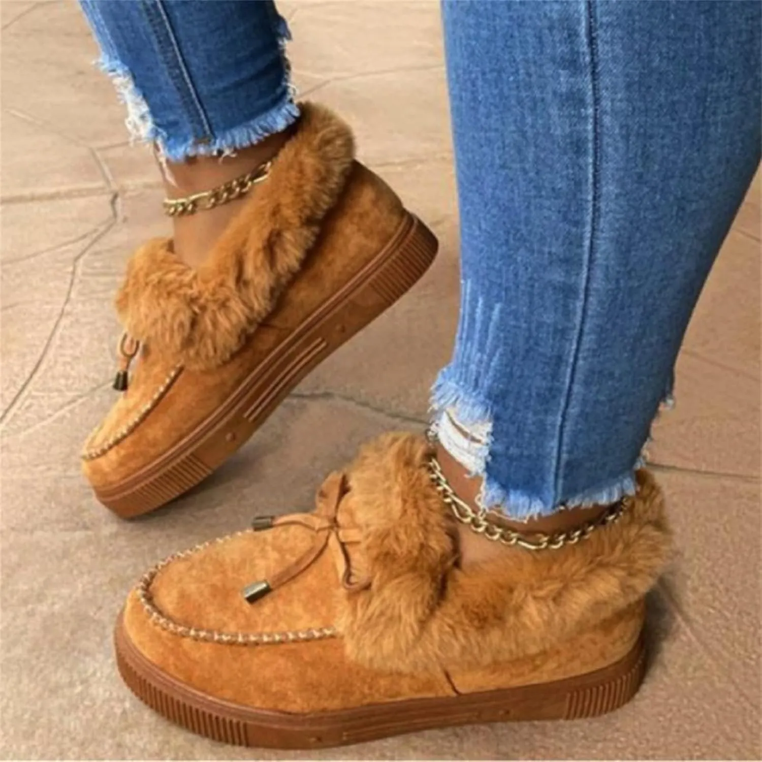 Ladmiple Booties For Women 2024 Winter Snow Boots Classic Fur Lined Slip On Ankle Boots Fashion Casual Warm Loafers Shoes