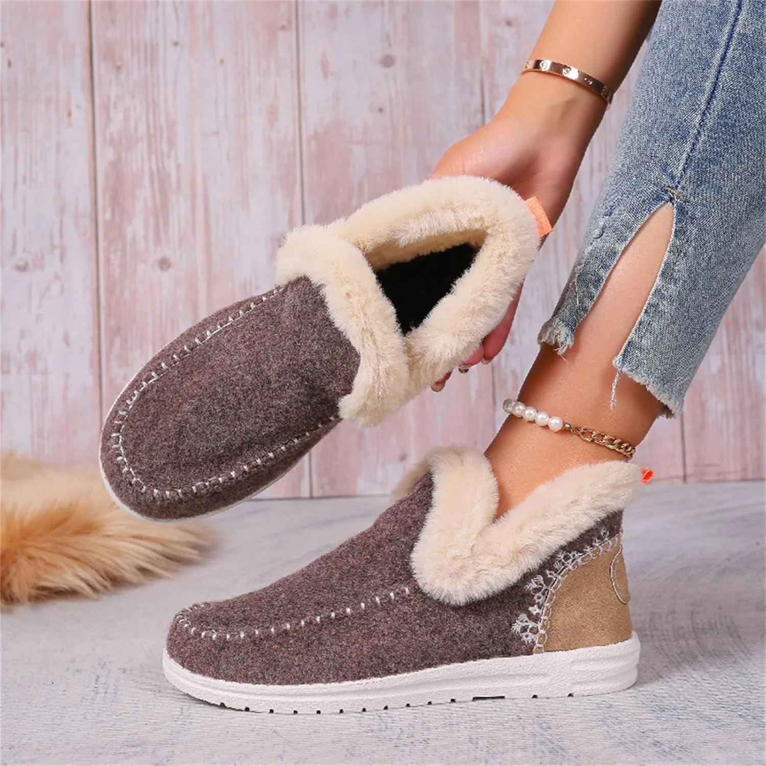 Ladmiple Boots For Women Ankle Booties Winter Snow Boots Warm Slip On Outdoor Fur Lined Comfortable Fashion Loafers Shoes