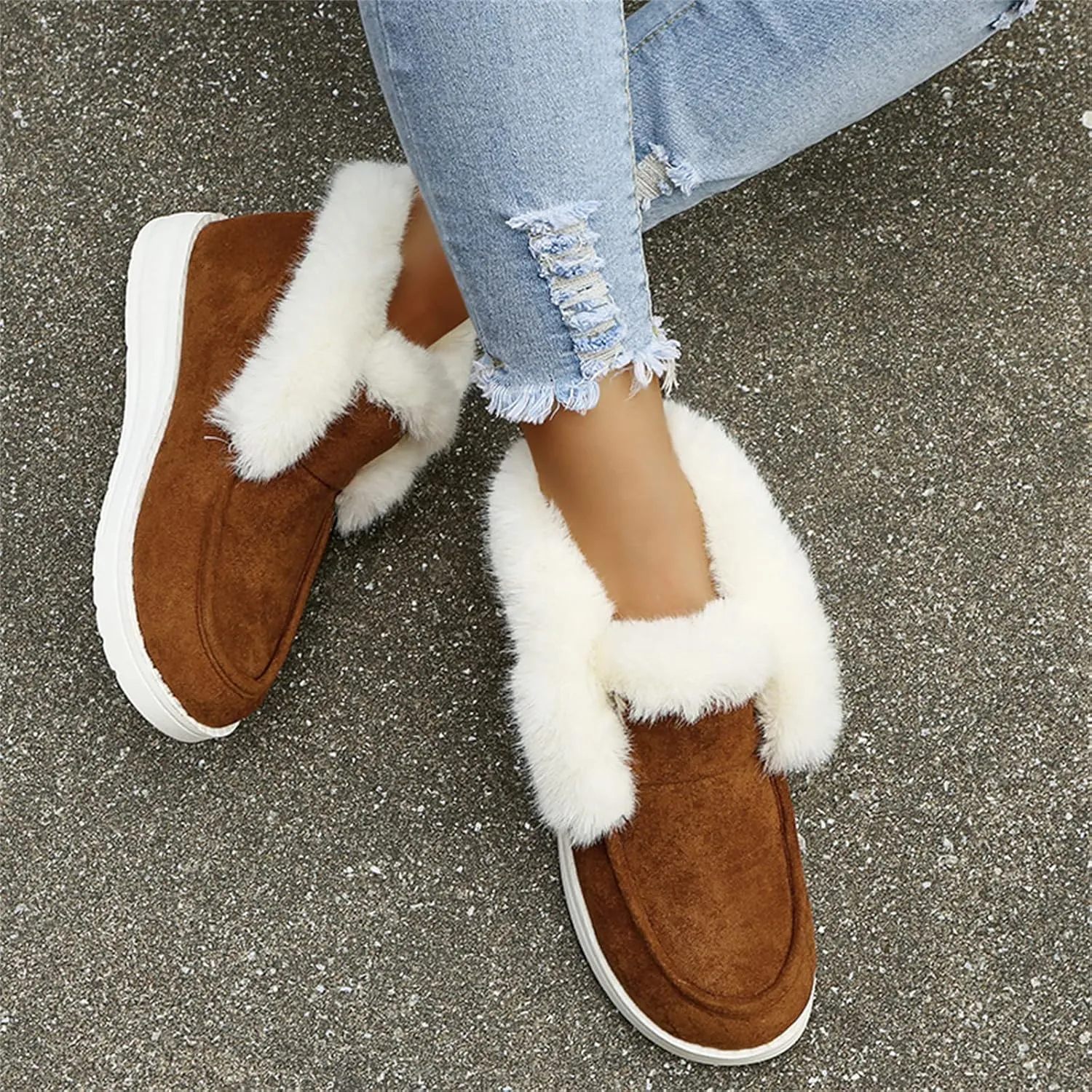 Ladmiple Snow Boots For Women Wide Faux Fur Lined Casual Slip-on Warm Loafers Shoes Winter Ankle Boots Outdoor Walking Shoes