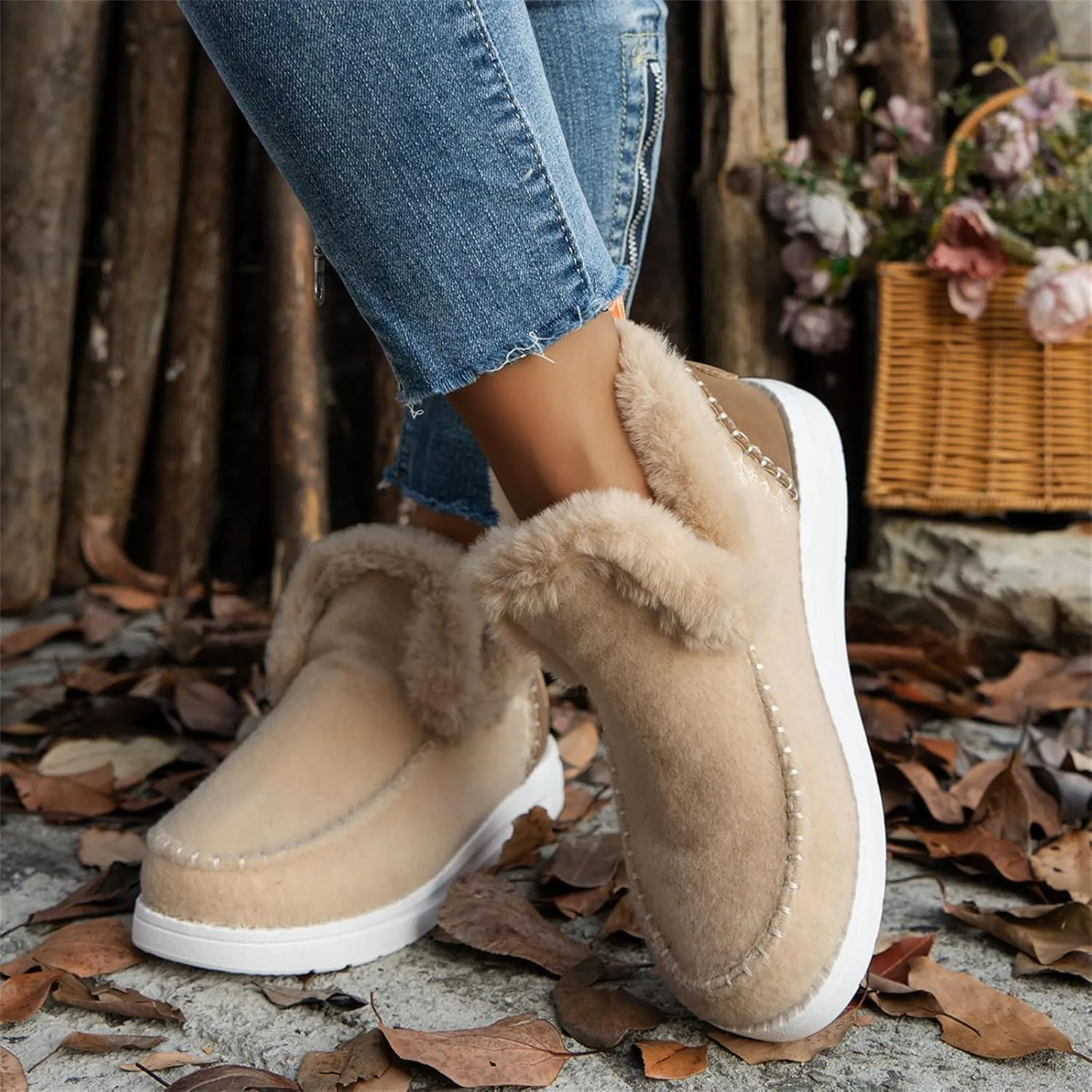 Ladmiple Winter Boots For Women 2024 Dressy Snow Boots Warm Ankle Booties Comfortable Slip On Outdoor Fur Lined Loafers Shoes