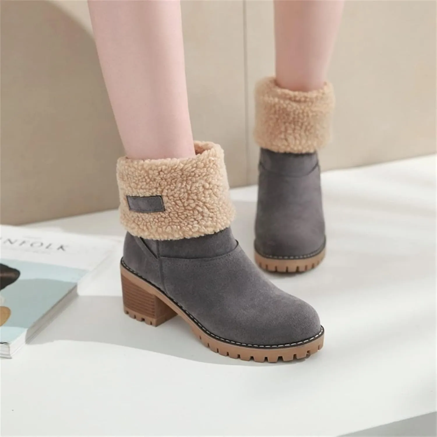 Ladmiple Winter Boots For Women Fashion Snow Boots Warm Fur Lined Ankle Booties Slip on Outdoor Walking Mid Calf Boots 2024