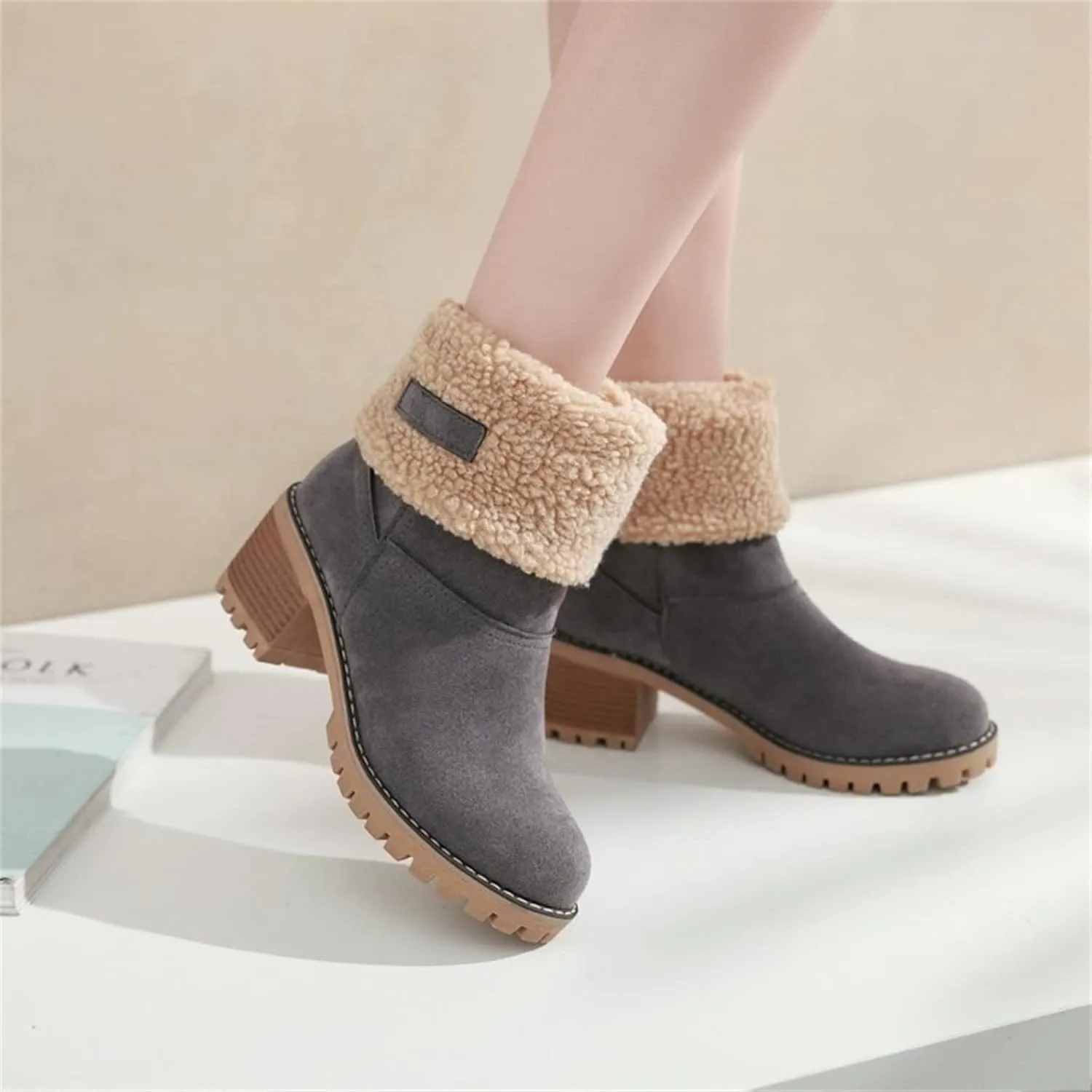 Ladmiple Winter Boots For Women Fashion Snow Boots Warm Fur Lined Ankle Booties Slip on Outdoor Walking Mid Calf Boots 2024