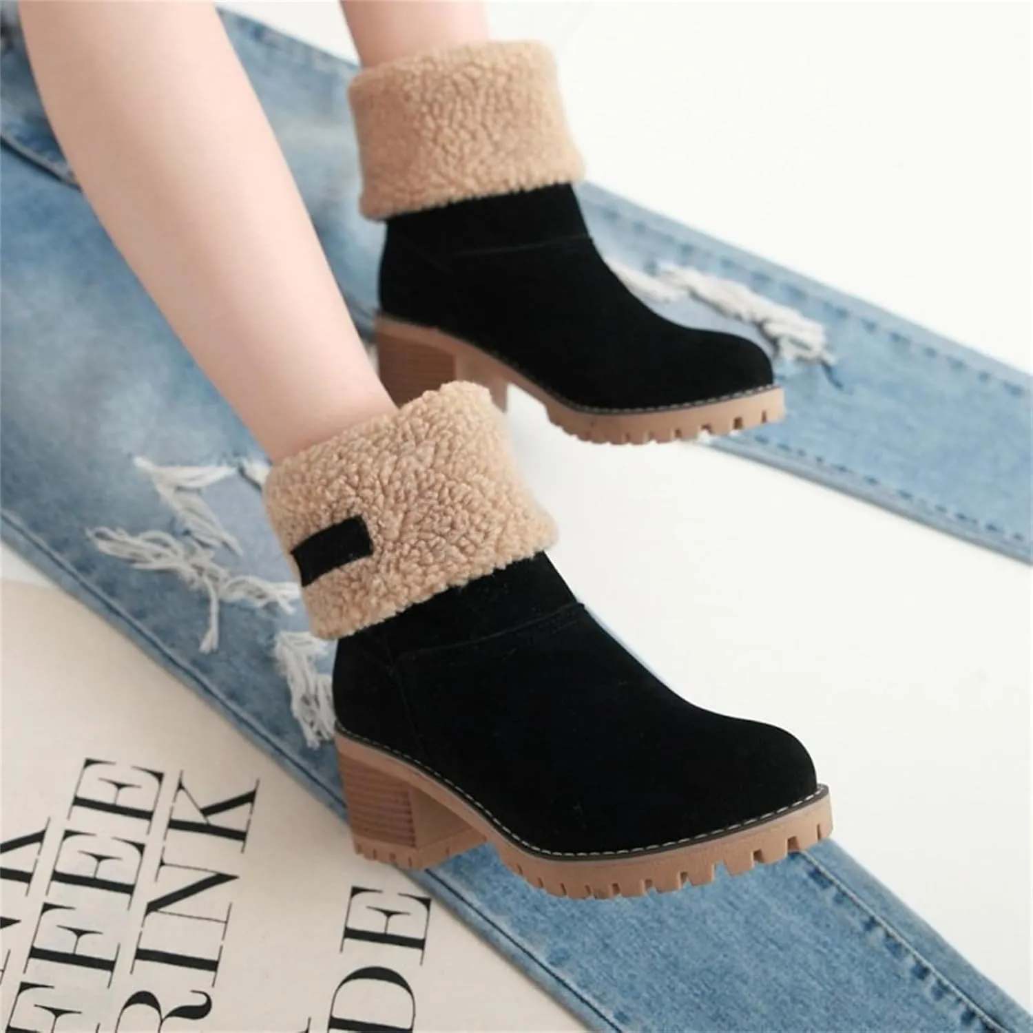Ladmiple Winter Boots For Women Fashion Warm Faux Fur Lined Mid Calf Snow Boots Comfortable Walking Slip On Ankle Booties