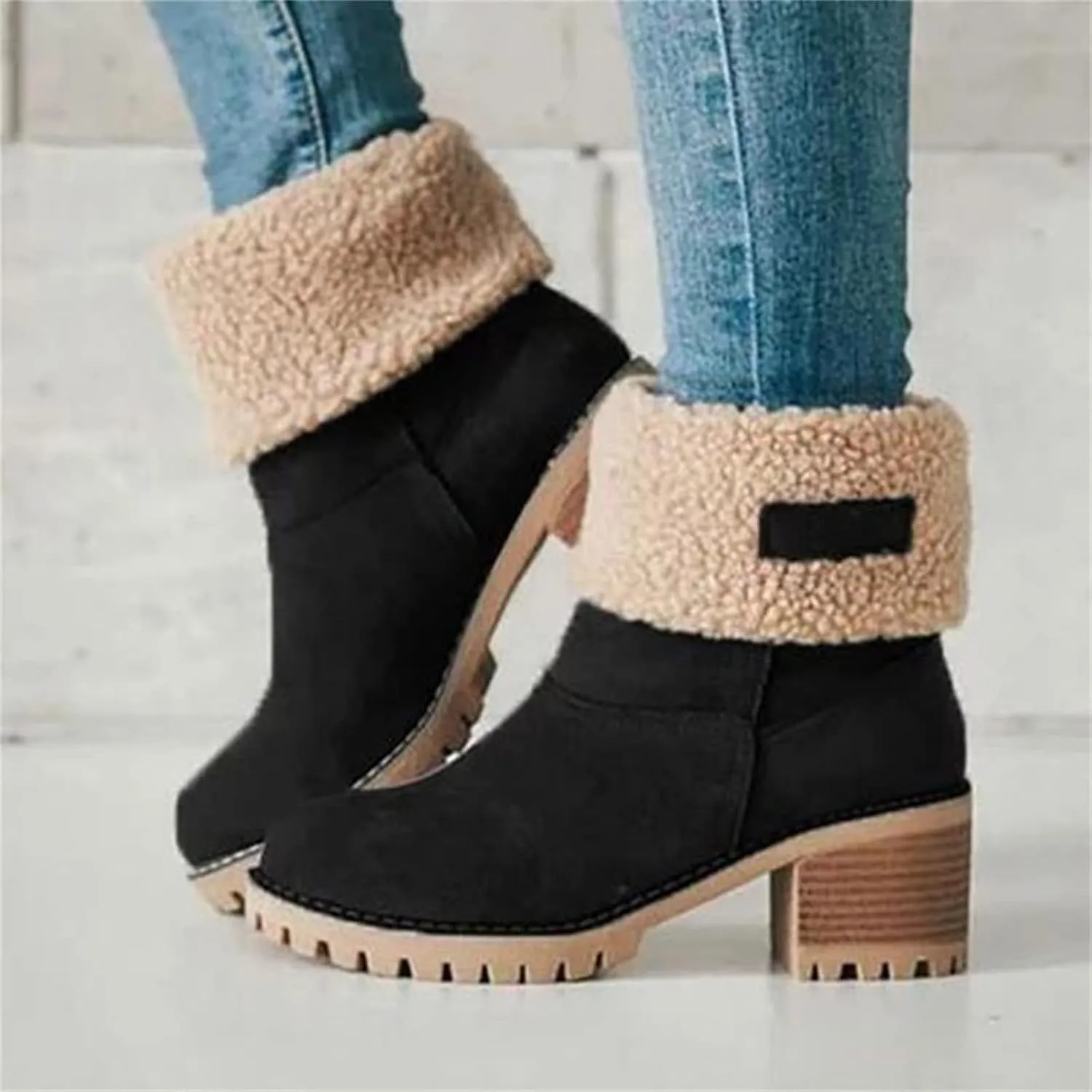 Ladmiple Winter Boots For Women Fashion Warm Faux Fur Lined Mid Calf Snow Boots Comfortable Walking Slip On Ankle Booties
