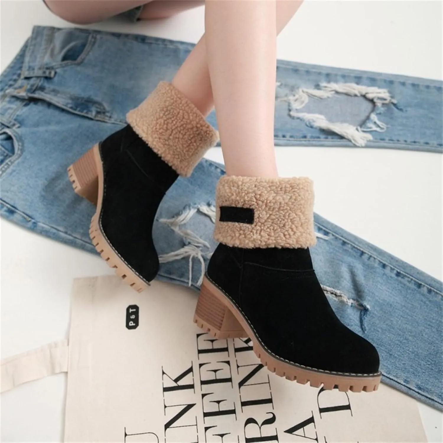 Ladmiple Winter Boots For Women Fashion Warm Faux Fur Lined Mid Calf Snow Boots Comfortable Walking Slip On Ankle Booties