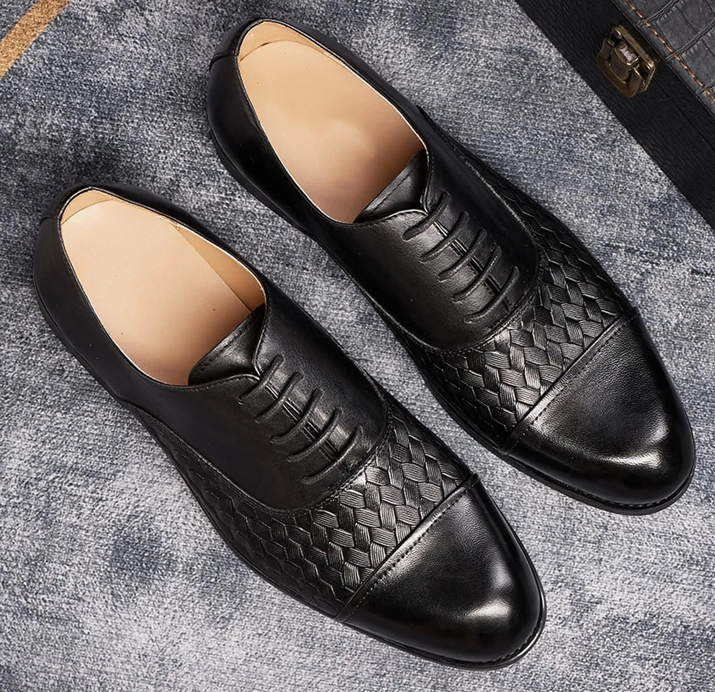 Mens Dress Shoes Formal Oxfords Genunie Leather Cap Toe Weave Texture Modern Derby Fashion Prom Wedding Business Casual Suit Shoes Tuxedo Shoes for Men