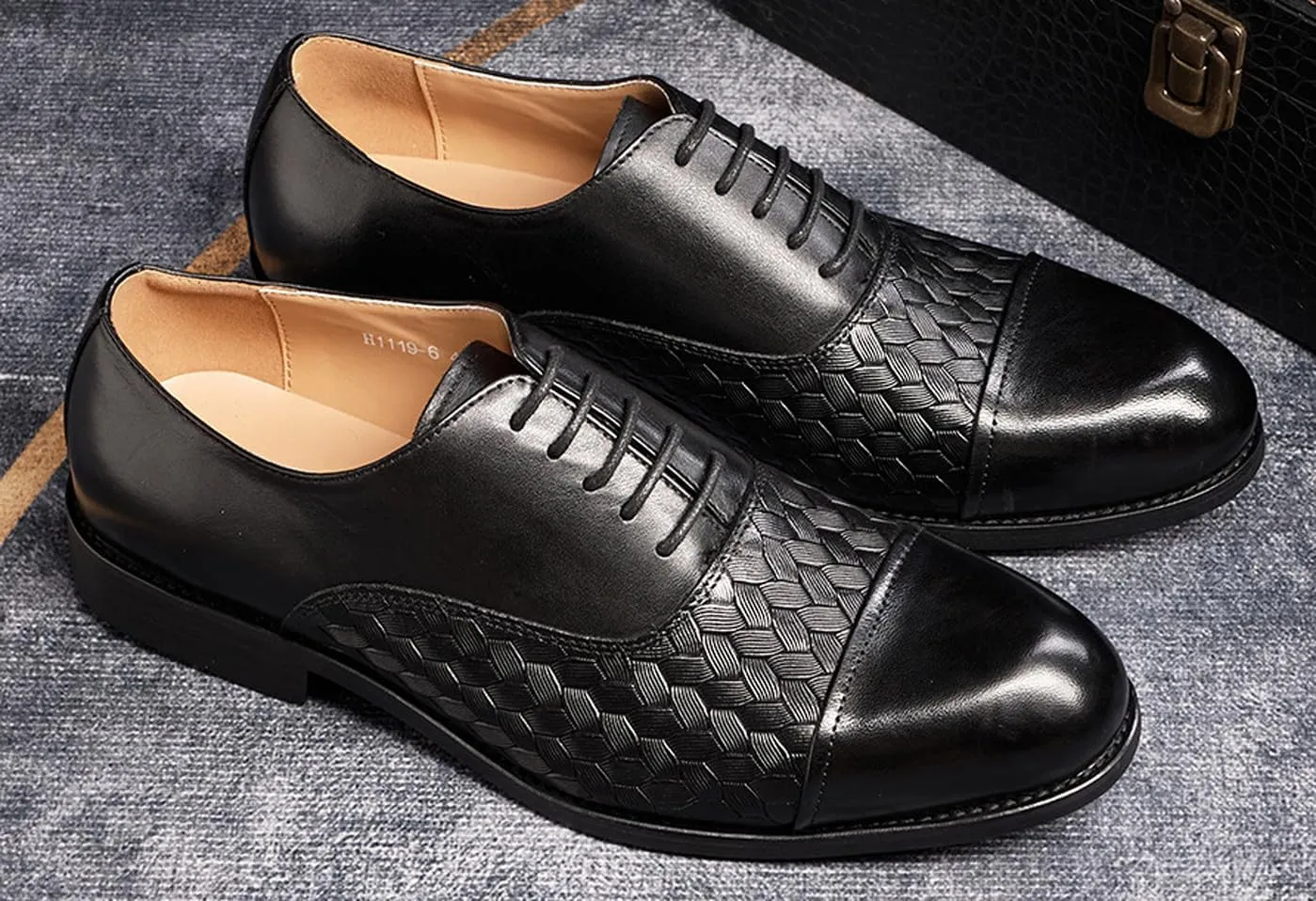 Mens Dress Shoes Formal Oxfords Genunie Leather Cap Toe Weave Texture Modern Derby Fashion Prom Wedding Business Casual Suit Shoes Tuxedo Shoes for Men