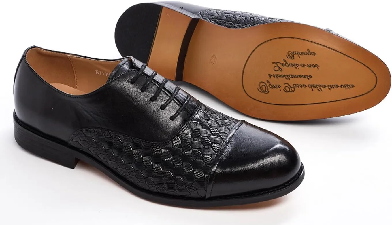 Mens Dress Shoes Formal Oxfords Genunie Leather Cap Toe Weave Texture Modern Derby Fashion Prom Wedding Business Casual Suit Shoes Tuxedo Shoes for Men