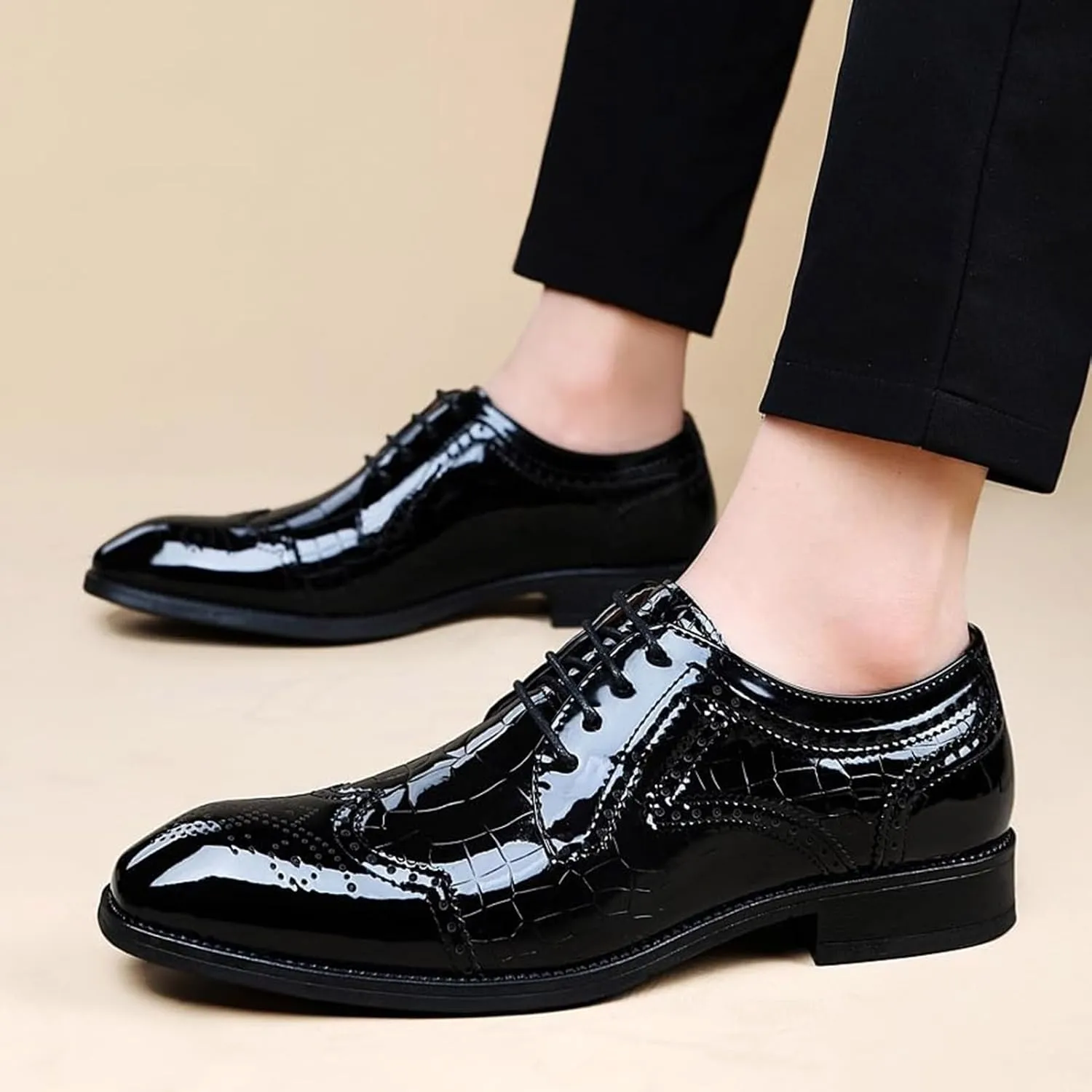 Men's Shiny Patent Leather Lace Up Suit Shoes Non-Slip Softsole Hollow Mesh Breathable Men Business Oxford Derby Shoes