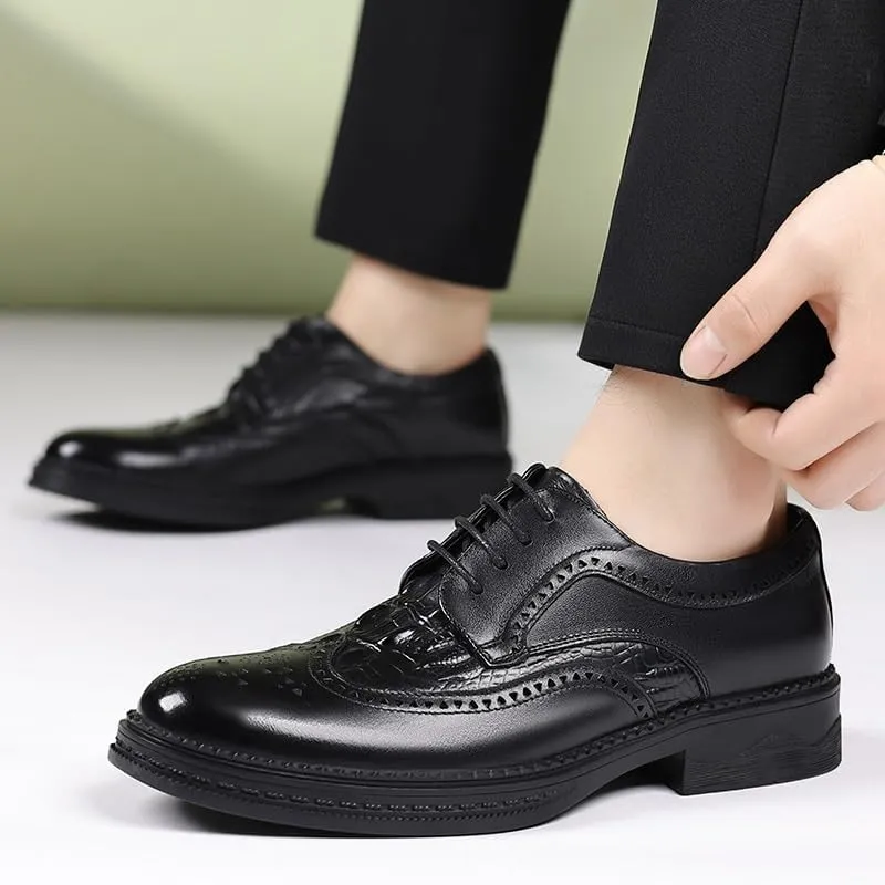 Men's Vintage Crocodile Print Strap Oxford Shoes Fashion Classic Carved Lace Up Leather Low Heels Dress Shoes