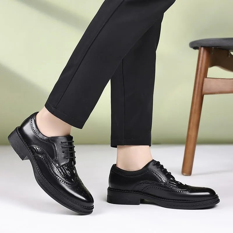 Men's Vintage Crocodile Print Strap Oxford Shoes Fashion Classic Carved Lace Up Leather Low Heels Dress Shoes
