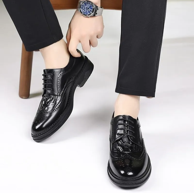 Men's Vintage Crocodile Print Strap Oxford Shoes Fashion Classic Carved Lace Up Leather Low Heels Dress Shoes