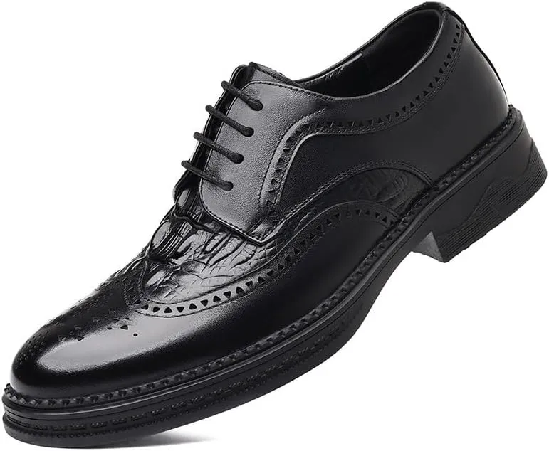 Men's Vintage Crocodile Print Strap Oxford Shoes Fashion Classic Carved Lace Up Leather Low Heels Dress Shoes