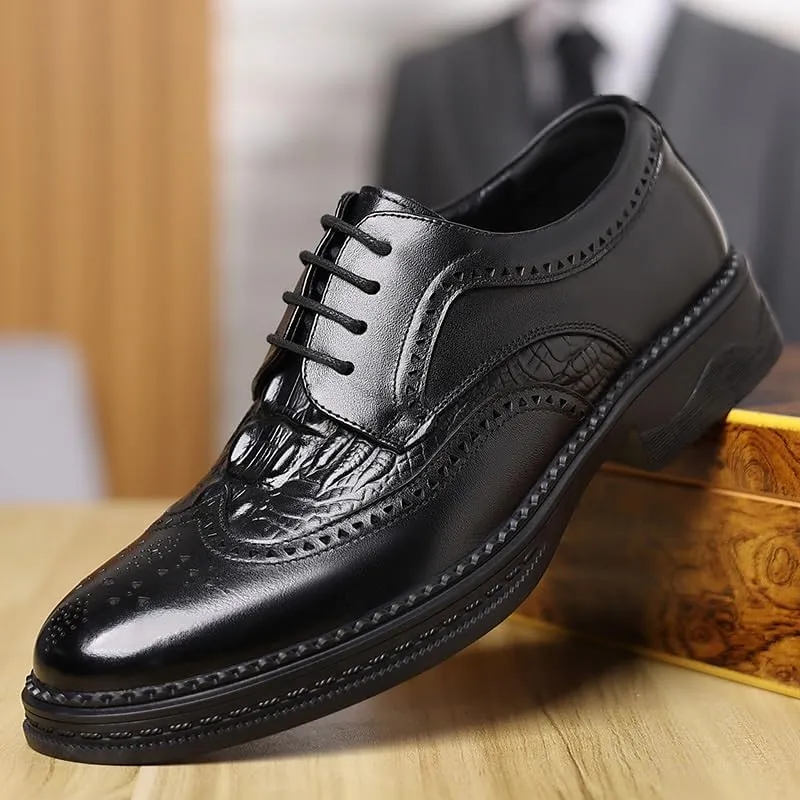 Men's Vintage Crocodile Print Strap Oxford Shoes Fashion Classic Carved Lace Up Leather Low Heels Dress Shoes