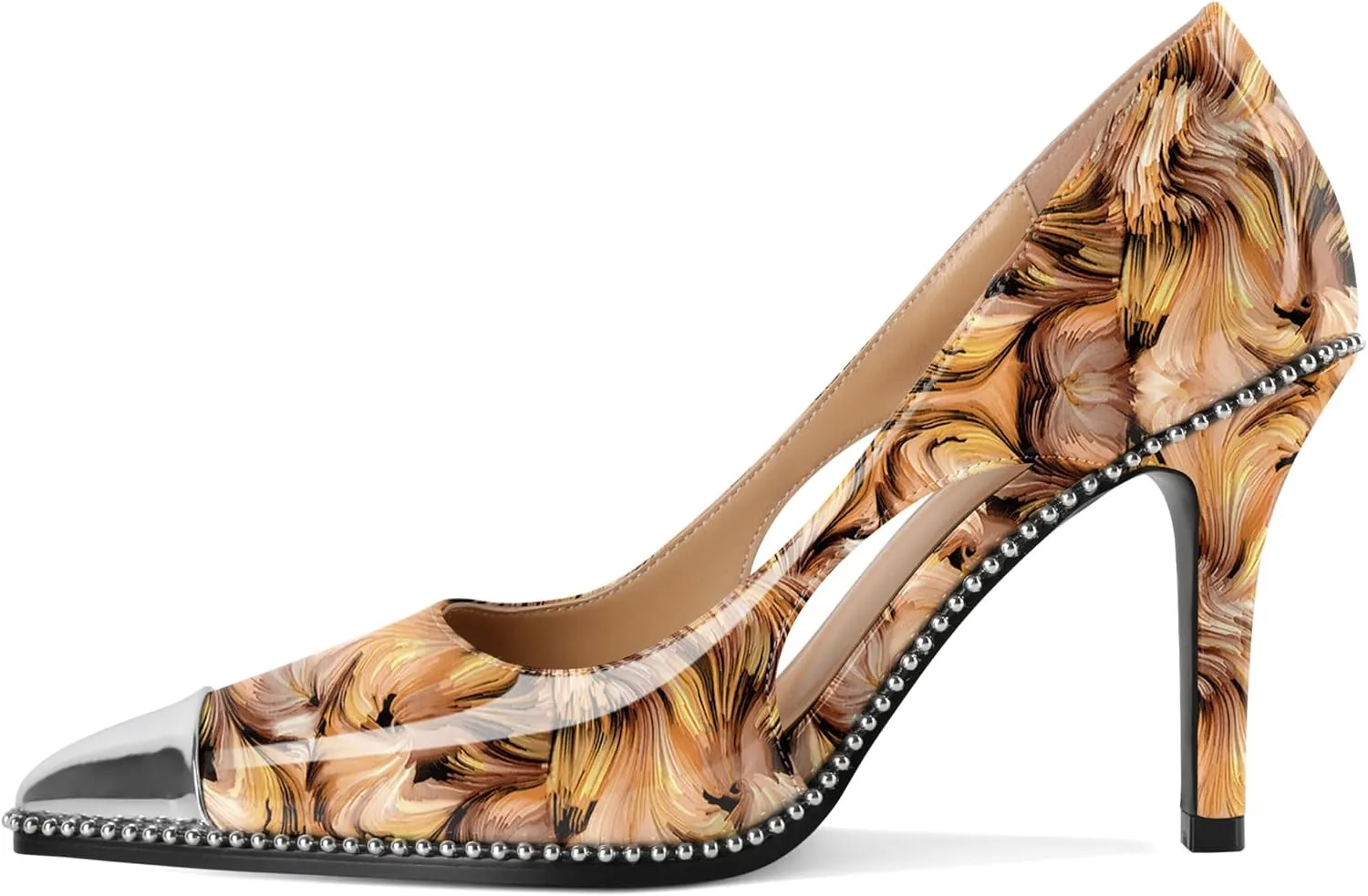 Mettesally Stiletto Heels Beaded Pumps for Women Sliver Cap Pointed Toe Pumps Sexy Cut Out High Heels for Women Dressy Causal 3.5 Inch