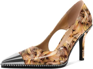 Mettesally Stiletto Heels Beaded Pumps for Women Sliver Cap Pointed Toe Pumps Sexy Cut Out High Heels for Women Dressy Causal 3.5 Inch