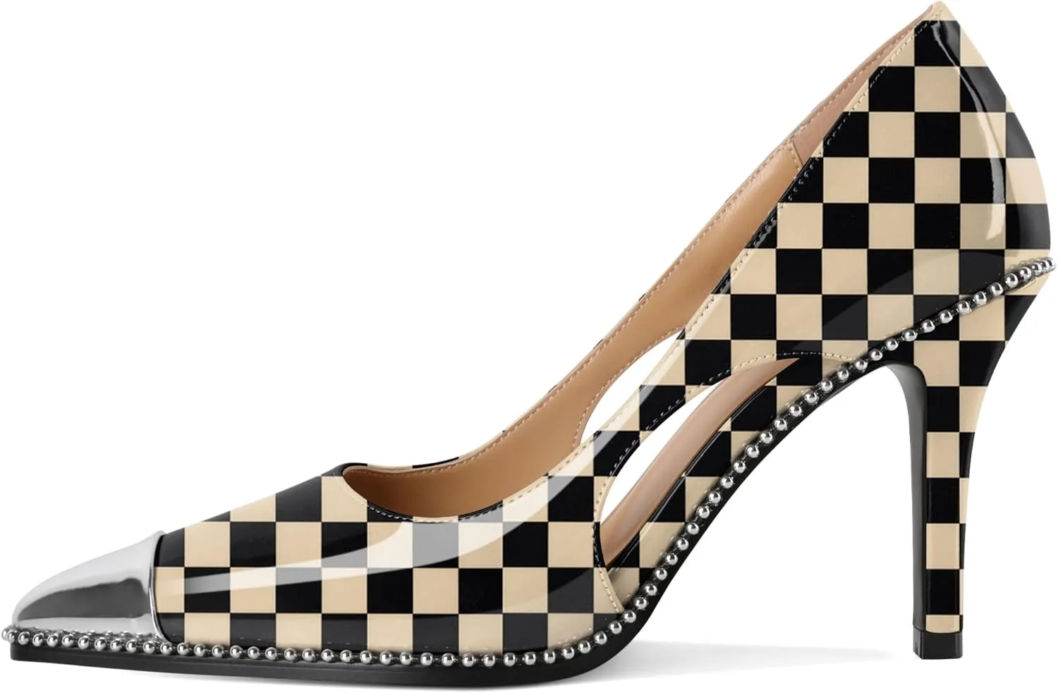 Mettesally Stiletto Heels Beaded Pumps for Women Sliver Cap Pointed Toe Pumps Sexy Cut Out High Heels for Women Dressy Causal 3.5 Inch