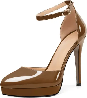 Mettesally Women's Platform Stiletto Pumps Pointed Toe Thin High Heels Ankle Strap Sandals Slip On Wedding Party Shoes