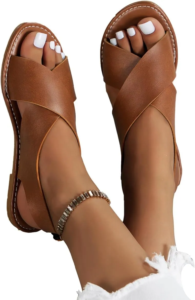 MGGMOKAY Womens Flat Sandals Summer Leather Sandals Classic Soft Comfort Walking Sandals