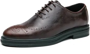 Modern Breathable Pointed Toe Leather Shoes Men's Low Top Non Slip Walking Shoes Brogue Wingtip Retro Dress Oxford