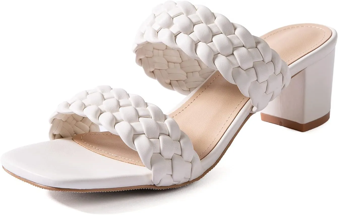N.N.G Women Heels Sandals Braided Block Nude Summer Chunky Square Leather Woven Comfort Strappy Dress Casual Pumps Mules
