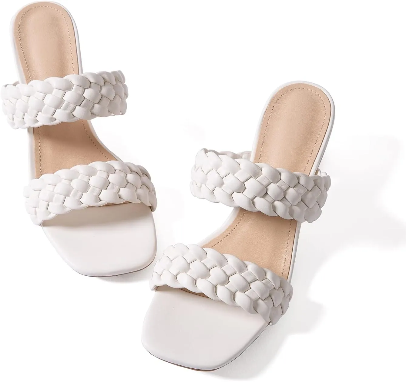 N.N.G Women Heels Sandals Braided Block Nude Summer Chunky Square Leather Woven Comfort Strappy Dress Casual Pumps Mules