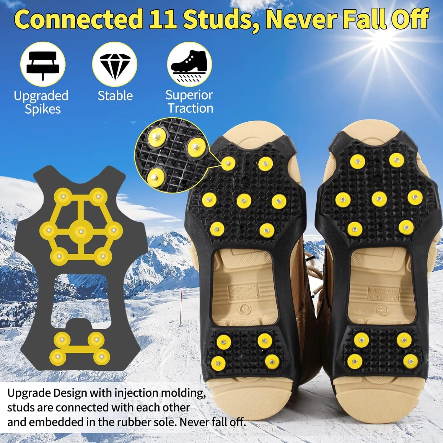 Non-Slip Ice Cleats Snow Grips, Strong Traction Crampons 11 Steel Studs, for Shoes and Boots, Snow Ice Walking