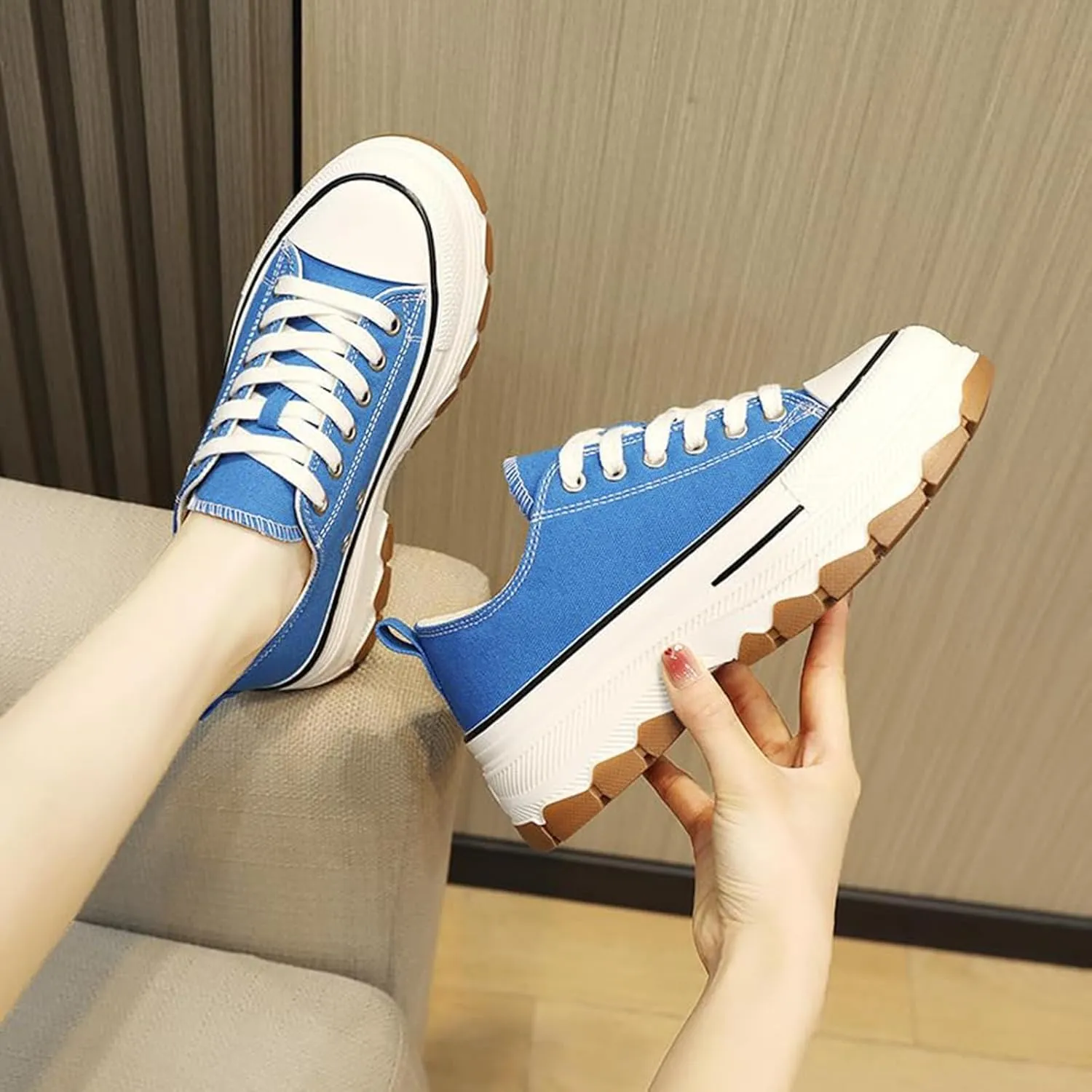 Platform Canvas Sneakers for Women Low Top Chunky Canvas Shoes Non Slip Preppy Shoes Breathable Fashion Sneakers