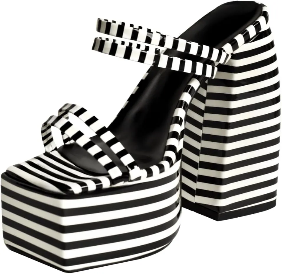 Rainbow High Heels Chunky Block Platform Heels for Women,Ankle Strap, Open Square Toe Heels Dressy Pumps Sandals