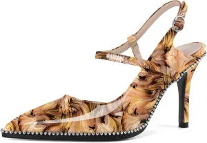 SAMMITOP Women Slingback Heels Ankle Strap Beaded D'Orsay Stiletto High Heel Close Pointed Toe Wedding Dress Pumps Shoes 3.5 Inch