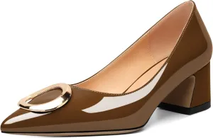 SAMMITOP Women's Block Heel Chunky Pumps Low Heels Pointed Toe Heel with Metal Buckle Slip on Closed Toe Heeled Loafers Wedding Party Dress Shoes