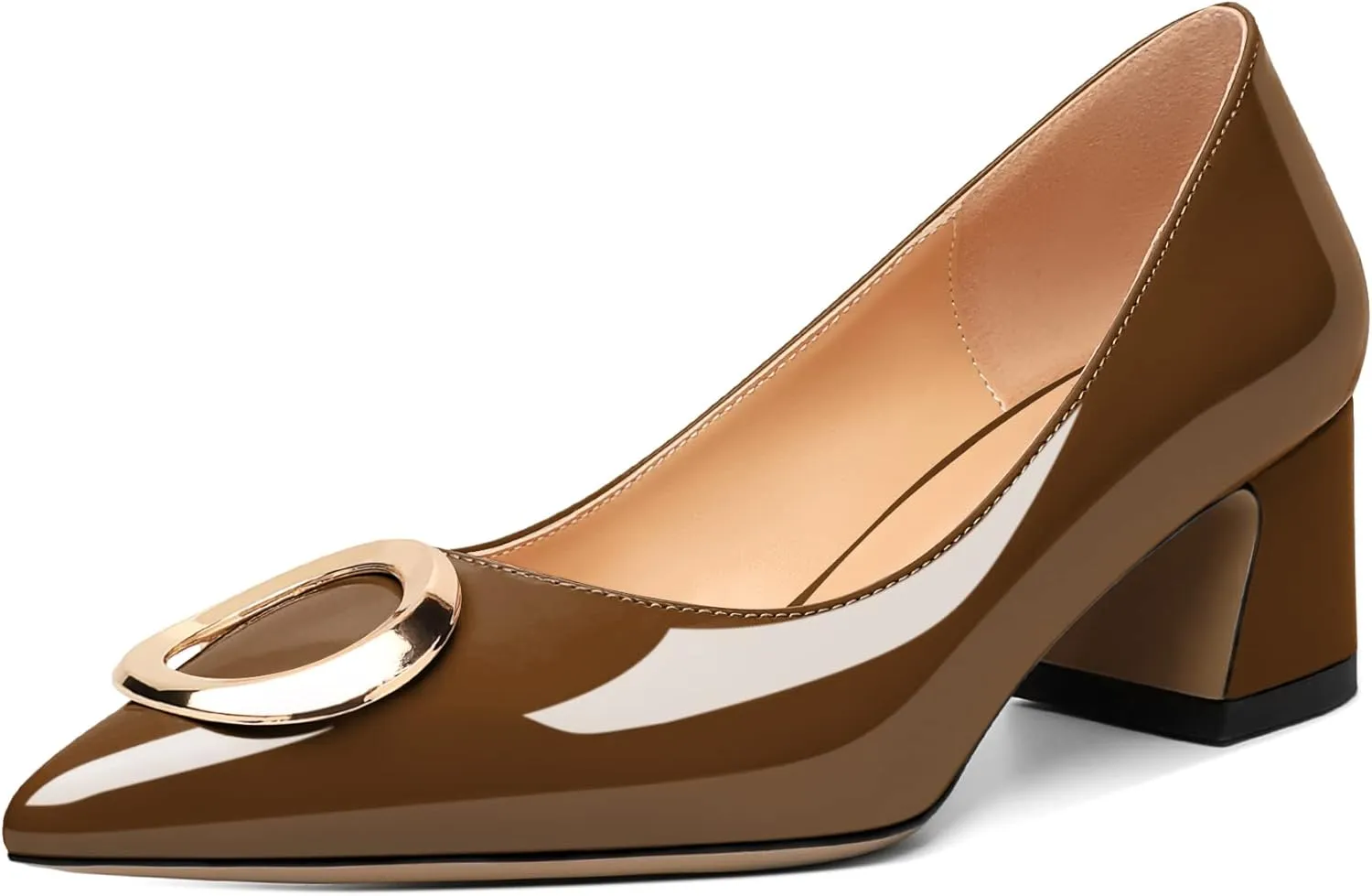 SAMMITOP Women's Block Heel Chunky Pumps Low Heels Pointed Toe Heel with Metal Buckle Slip on Closed Toe Heeled Loafers Wedding Party Dress Shoes