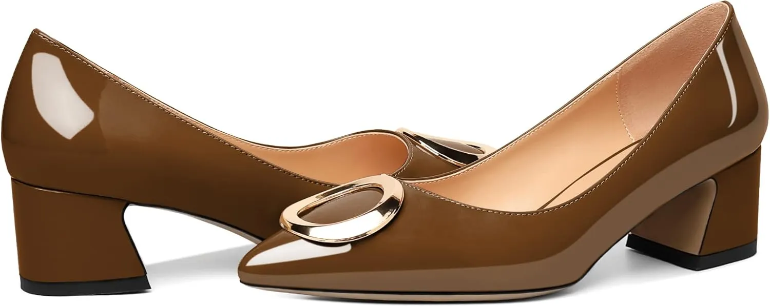SAMMITOP Women's Block Heel Chunky Pumps Low Heels Pointed Toe Heel with Metal Buckle Slip on Closed Toe Heeled Loafers Wedding Party Dress Shoes