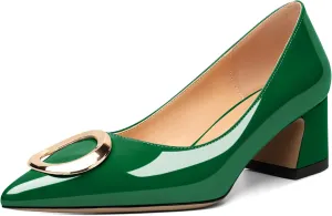 SAMMITOP Women's Block Heel Chunky Pumps Low Heels Pointed Toe Heel with Metal Buckle Slip on Closed Toe Heeled Loafers Wedding Party Dress Shoes