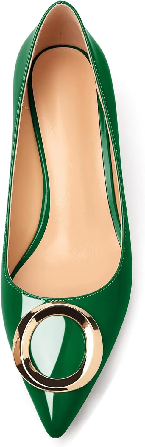 SAMMITOP Women's Block Heel Chunky Pumps Low Heels Pointed Toe Heel with Metal Buckle Slip on Closed Toe Heeled Loafers Wedding Party Dress Shoes