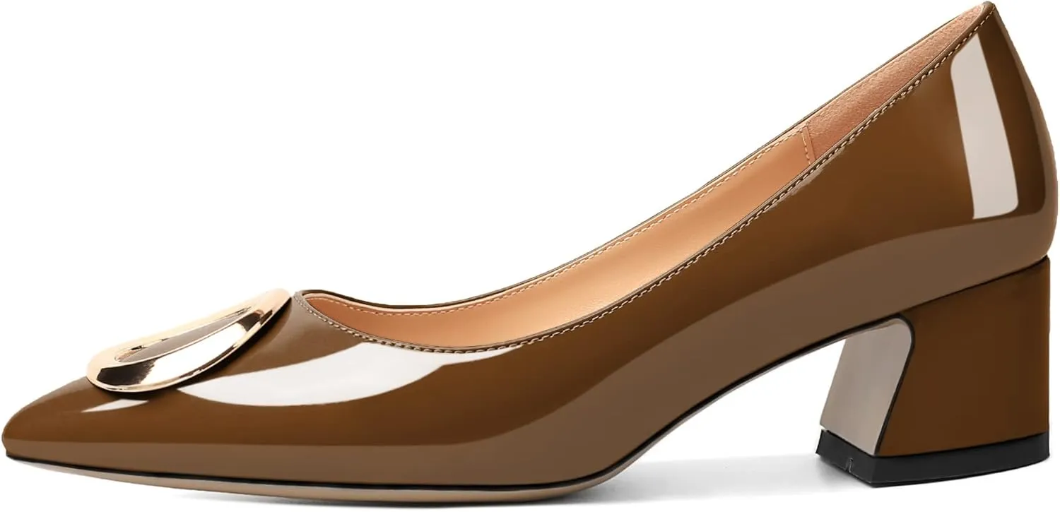 SAMMITOP Women's Block Heel Chunky Pumps Low Heels Pointed Toe Heel with Metal Buckle Slip on Closed Toe Heeled Loafers Wedding Party Dress Shoes