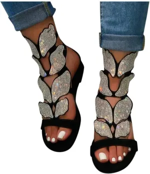 Sandals for Women Dressy,Women Gladiator Sandals Snakeskin Flat Summer Strappy Open Toe Knee High Flat Sandal