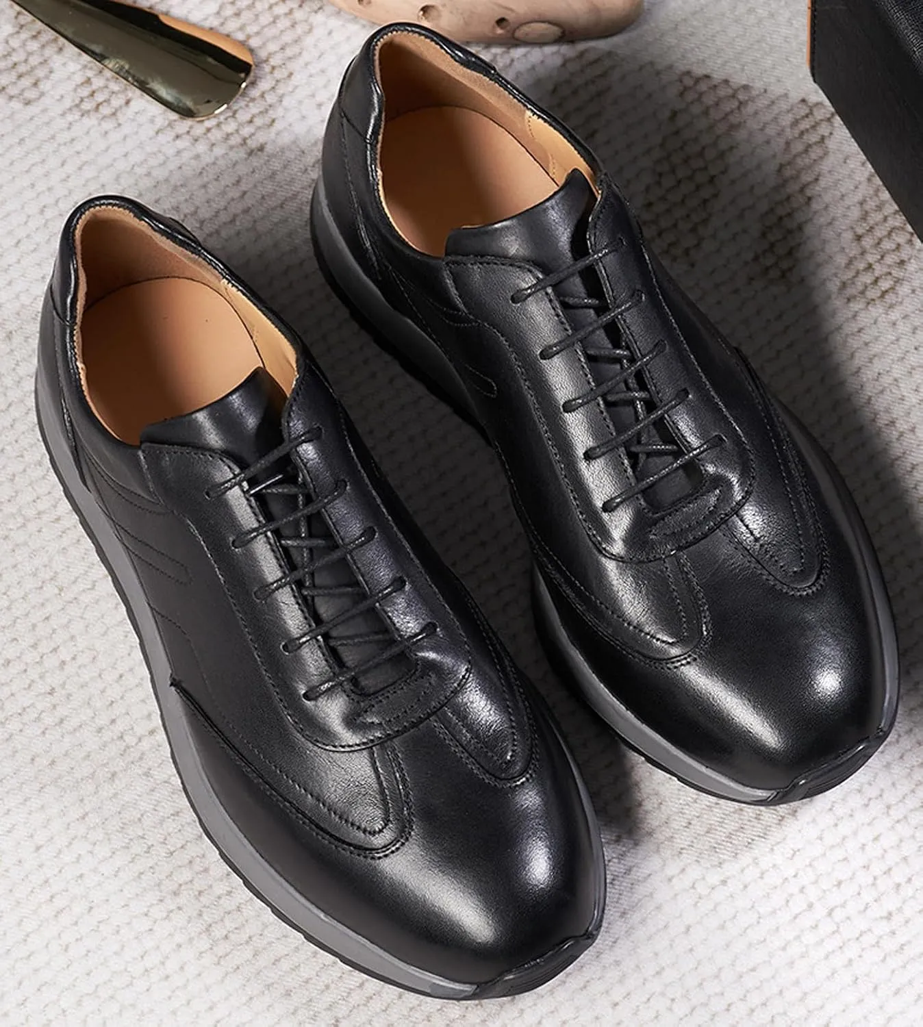 Santimon Mens Casual Shoes Fashion Athletic Sneakers Comfort Walking Shoes Modern Breathable Genunie Leather Flat Oxfords Business Casual Derby for Men