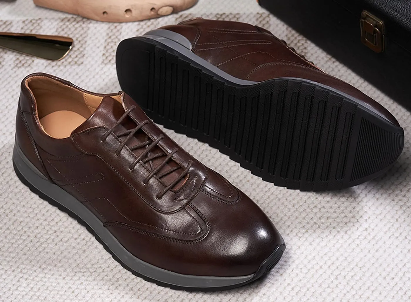 Santimon Mens Casual Shoes Fashion Athletic Sneakers Comfort Walking Shoes Modern Breathable Genunie Leather Flat Oxfords Business Casual Derby for Men