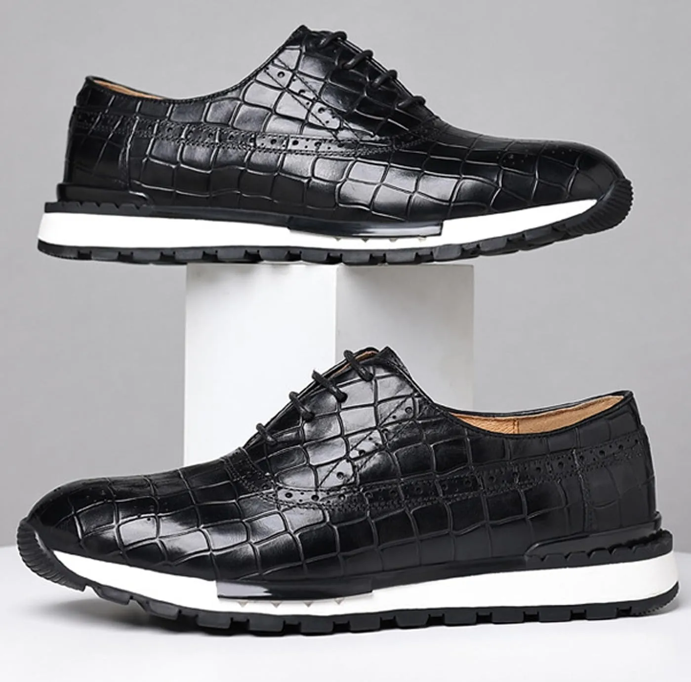 Santimon Men's Casual Sneakers - Genuine Leather Oxfords Shoes for Business & Walking | Breathable Comfortable Lightweight Fashion Sneakers for Men