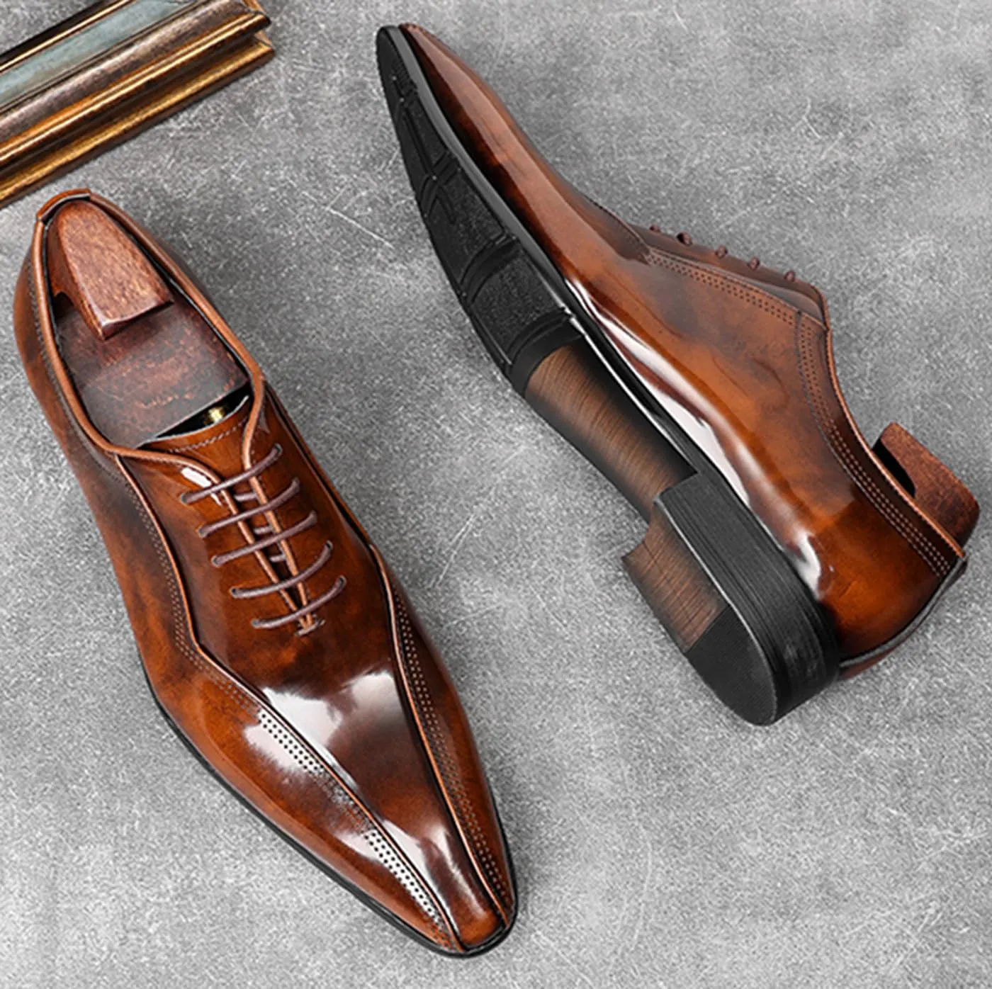 Santimon Mens Oxfords Dress Formal Shoes - Genunie Leather Pointed Toe Fashion Tuxedo Business Casual Derby - Modern Prom Wedding Suit Shoes